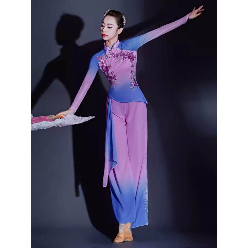 Women girls Blue purple chinese folk Jiaozhou Yangge classical dance costume fairy hanfu yangge fan umbrella dance performance dresses flowing female art test suit
